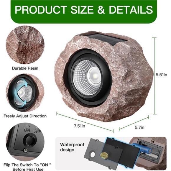 Solar Rock Lights Outdoor, 4 Pack Solar Spotlights Outdoor Waterproof Light - Picture 5 of 7